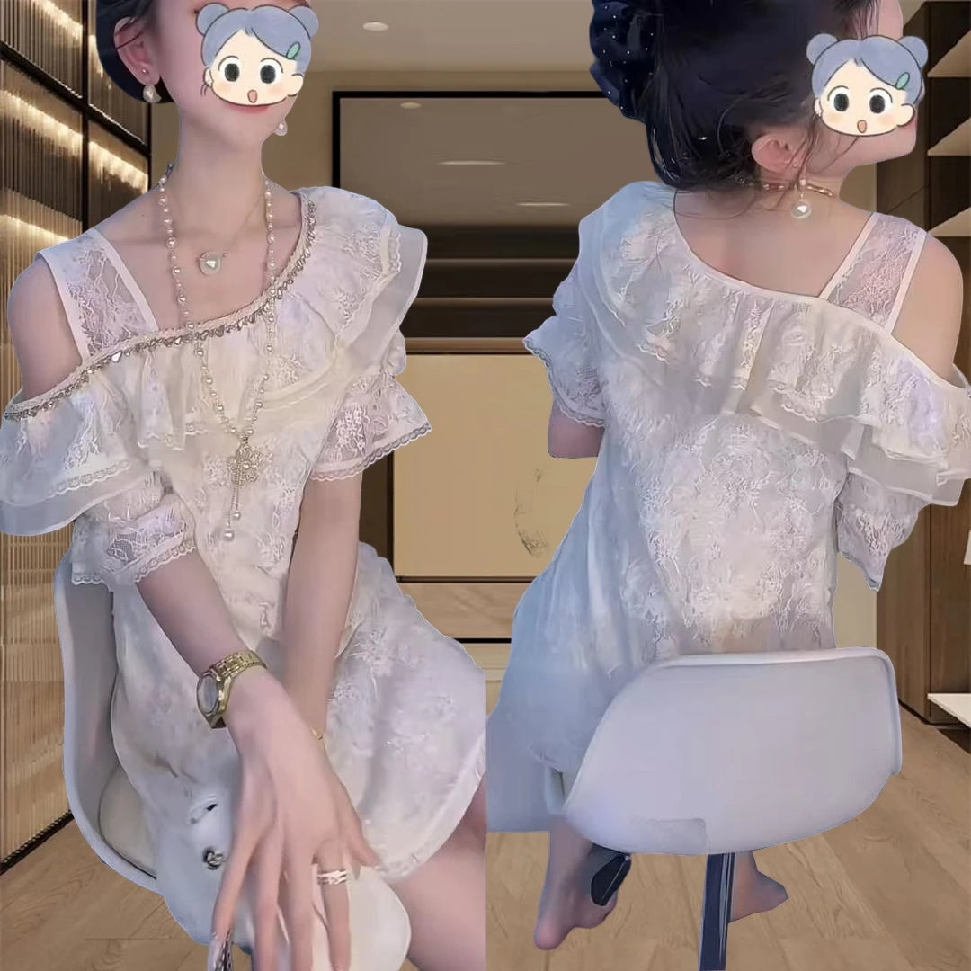 设计感蕾丝拼接时尚镂空连衣裙女2025夏季新款气质镶钻中长款裙子