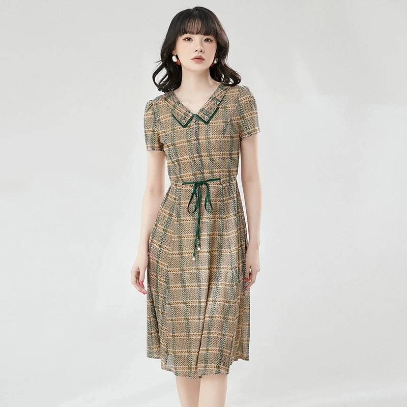 【W188咖绿格子翻领】2025时尚优雅百搭洋气款夏季短袖中长款裙