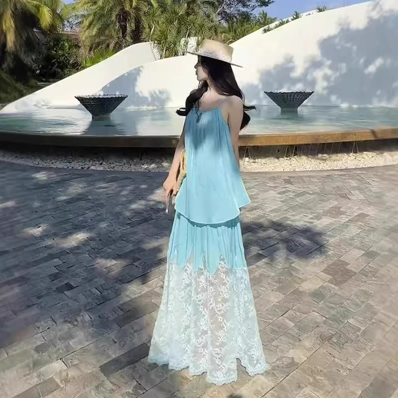 海边度假风套装女夏季多巴胺穿搭蓝色吊带上衣蕾丝半身裙子一整套
