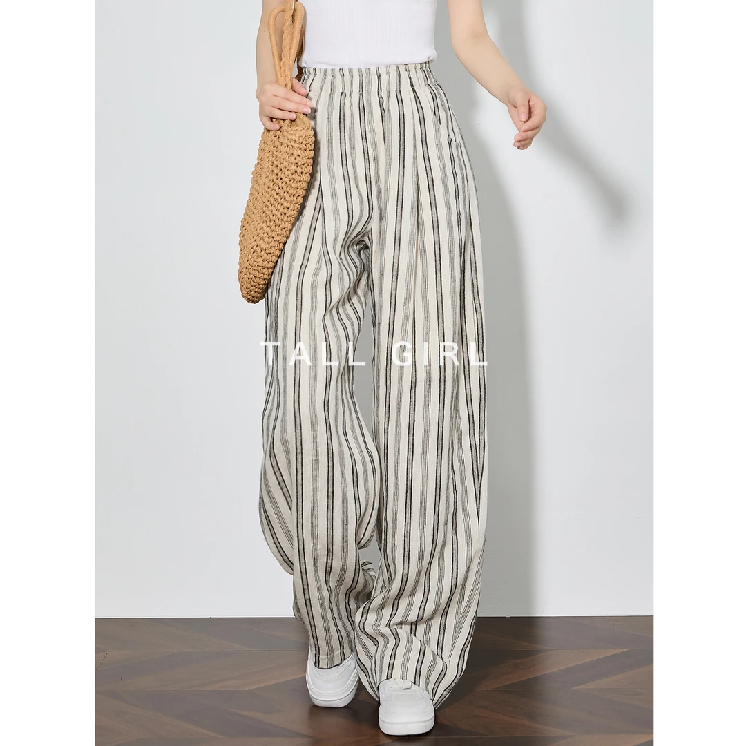 【100%亚麻】高个子超薄条纹休闲裤松紧腰宽松加长阔腿裤丨2791