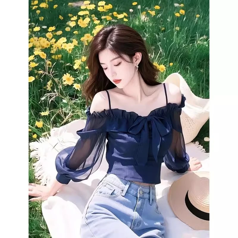今年爆款藏蓝色吊带雪纺衬衫女2025早春法式蝴蝶结系带一字肩衬衣