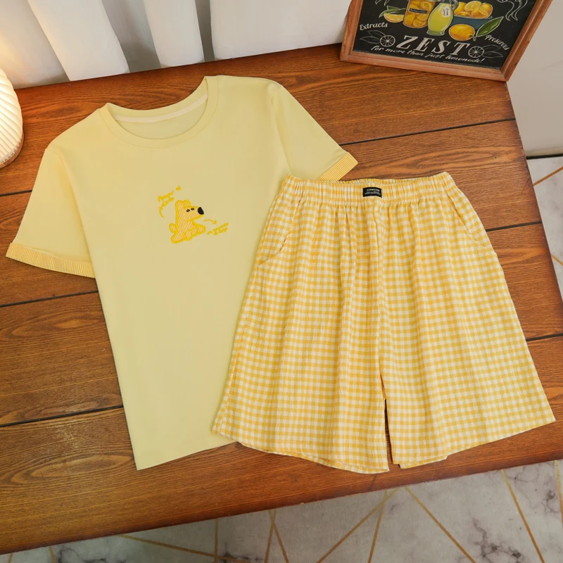 睡衣女夏天新款黄色格子裤卡通小狗短袖短裤家居服两件套-540