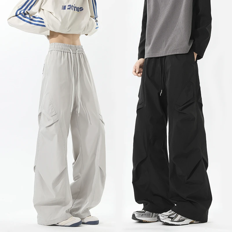 美式定制小方格伞兵裤男秋季高街潮牌直筒裤子宽松垂感阔腿休闲裤