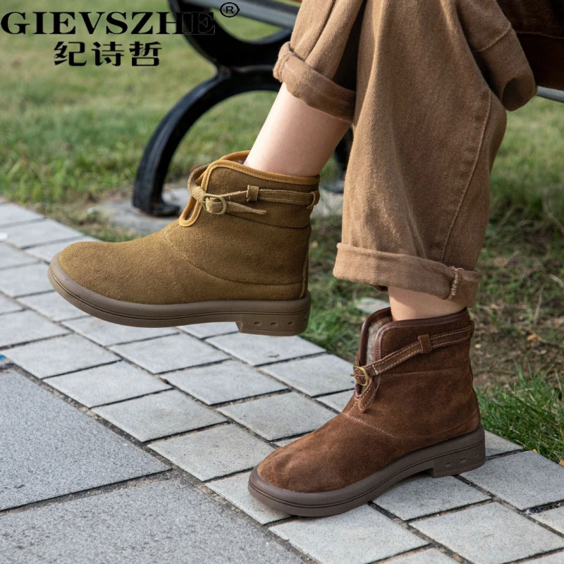纪诗哲牛反绒真皮雪地靴女2025秋冬新款加绒保暖复古短靴大棉靴