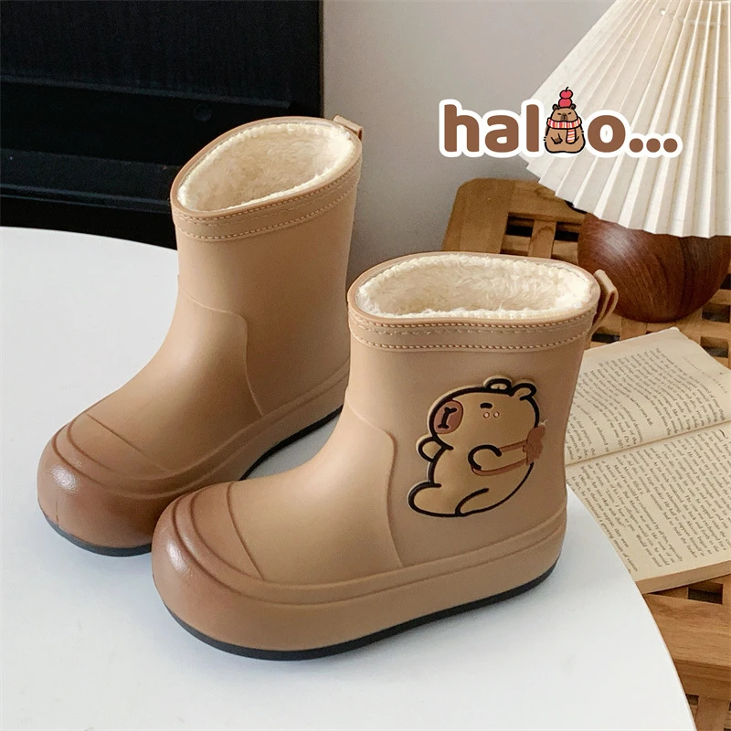 加棉卡皮巴拉可爱儿童雨鞋男童女童外穿雨靴女中大童防水保暖亲子
