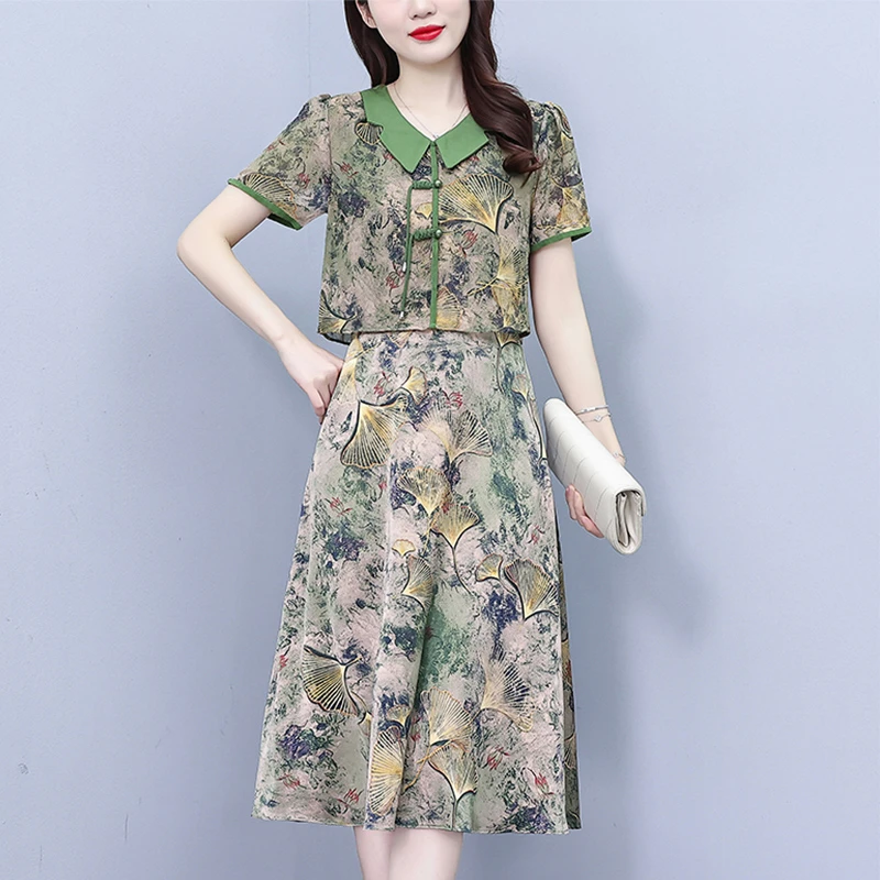 古风碎花连衣裙2025新款气质高端时尚中年妈妈洋气雪纺假两件套装