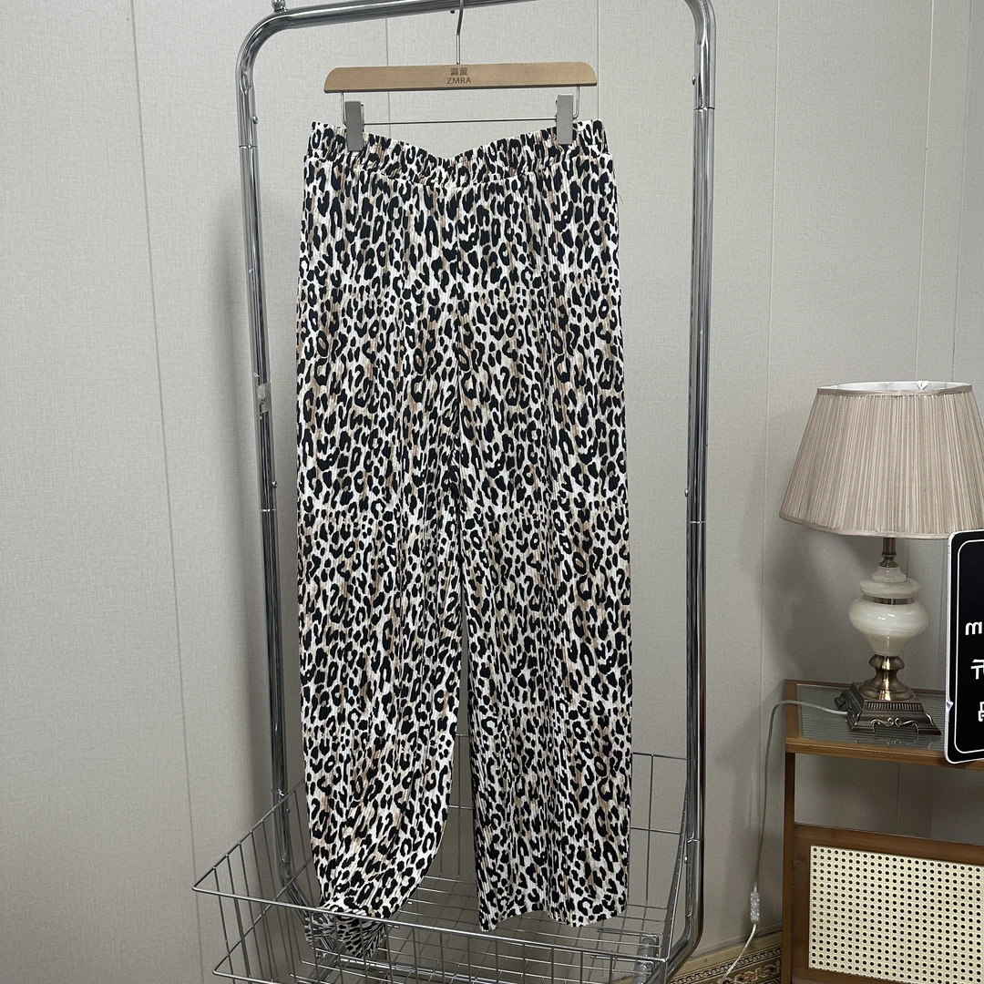 1K002春夏新款豹纹时尚百搭松紧腰长裤