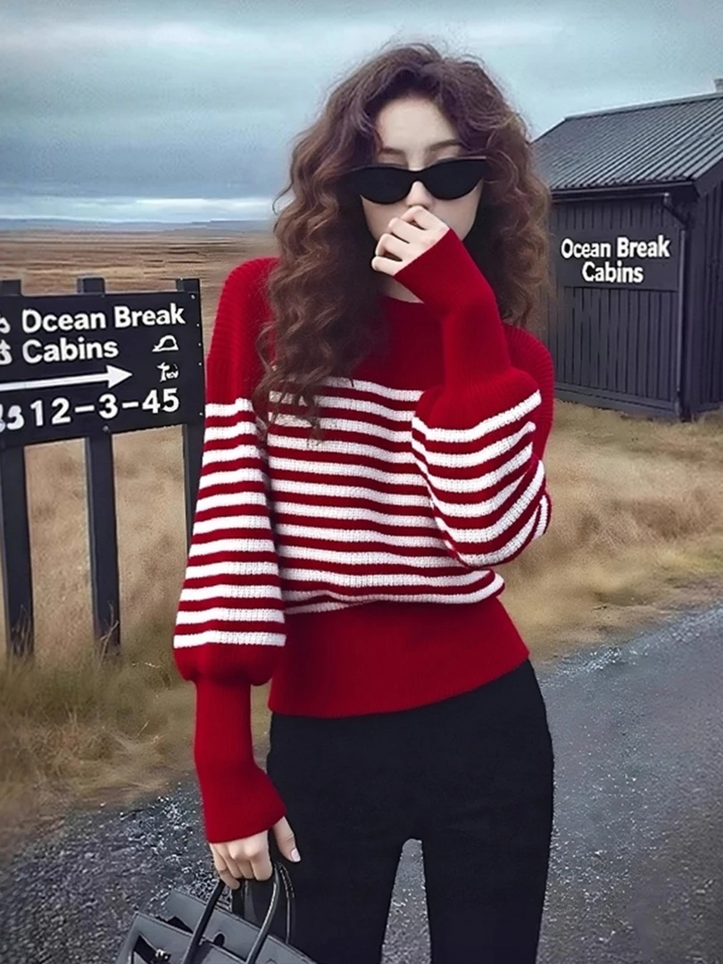 2025冬季设计感小众不撞款软糯慵懒风超好看圣诞红色条纹针织衫女