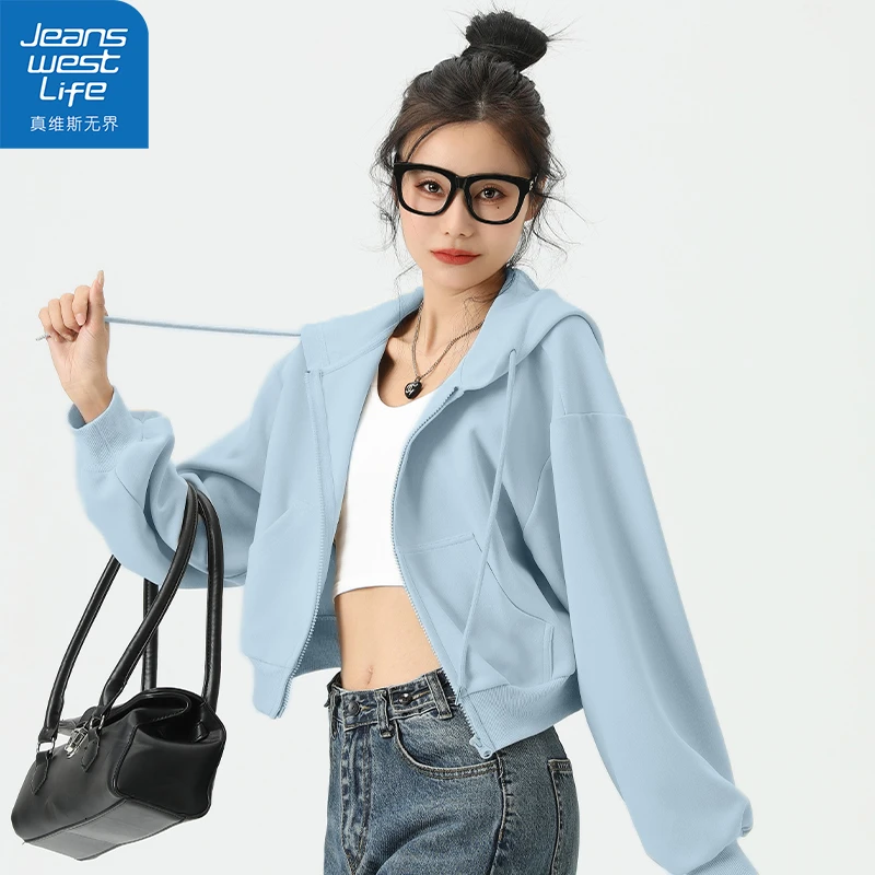 真维斯无界春秋雾霾蓝牛奶丝开衫连帽拉链时尚洋气欧若风穿搭卫衣