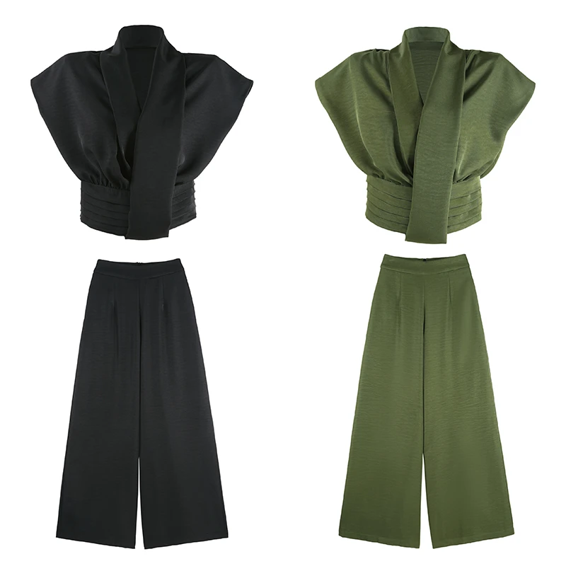 清！【缎光绿洲】夏醋酸V领无袖气质上衣休闲裤时尚套装SHBZW651805