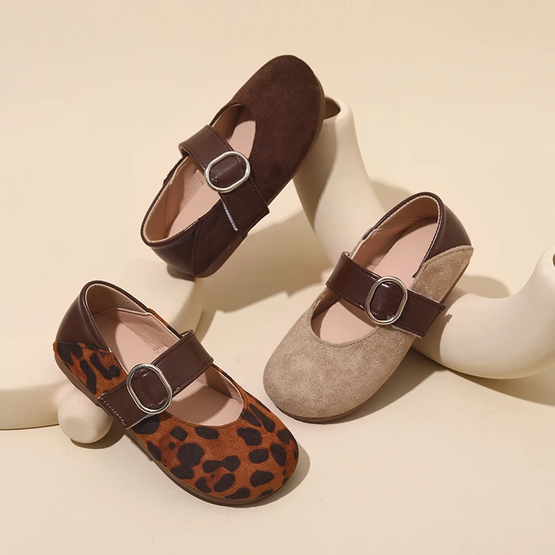 女童复古豹纹绒面豆豆鞋玛丽珍皮鞋2025秋季新款时尚百搭软底单鞋