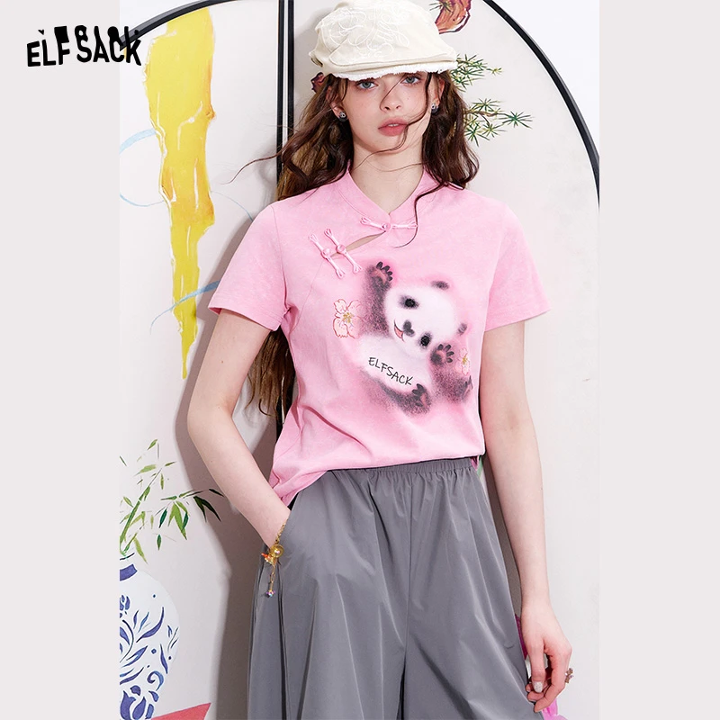 妖精的口袋新中式印花粉色短袖t恤女2025年春季新款国风修身上衣