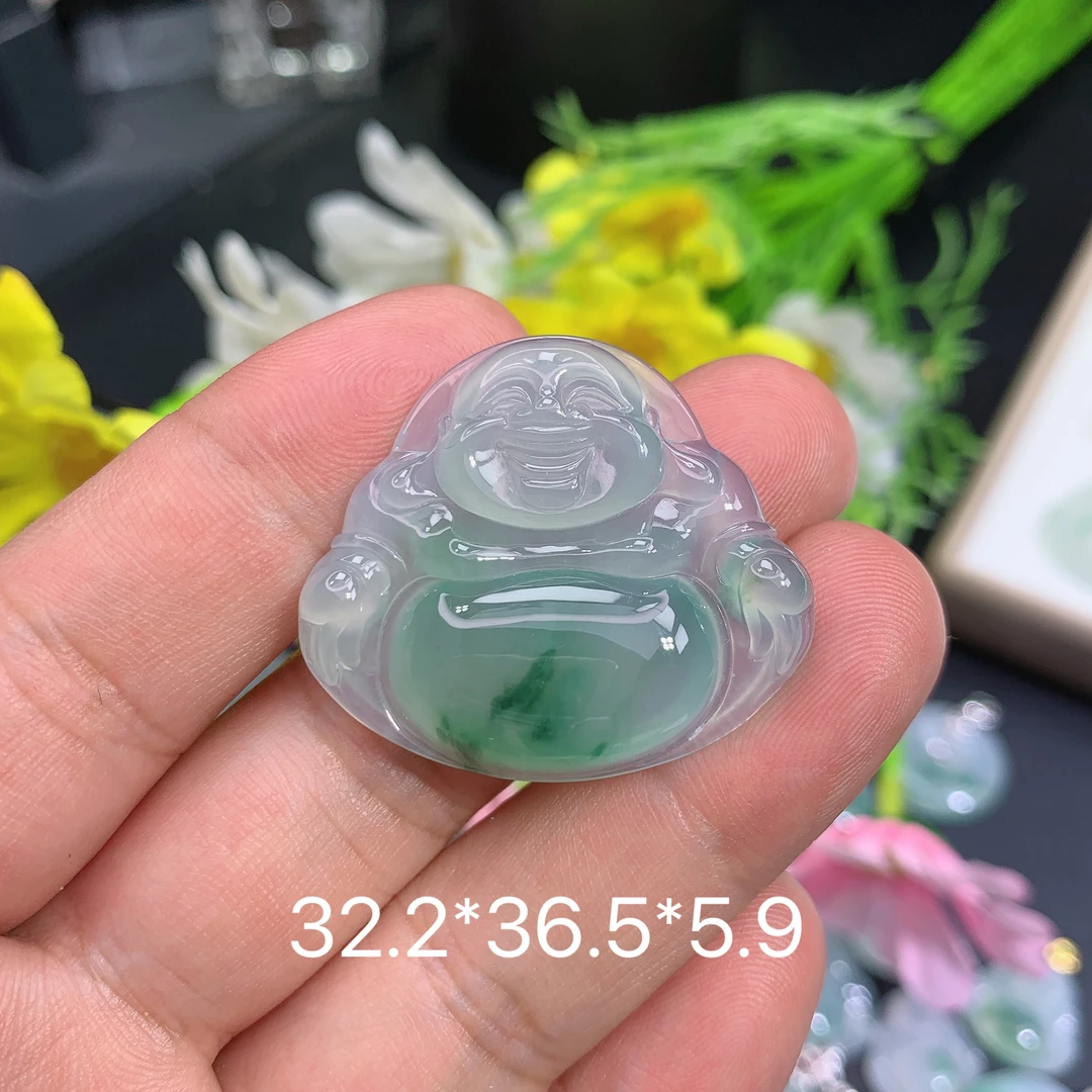 天然缅甸翡翠A货冰种飘绿佛公品吊坠种老水足气质百搭精雕精美百