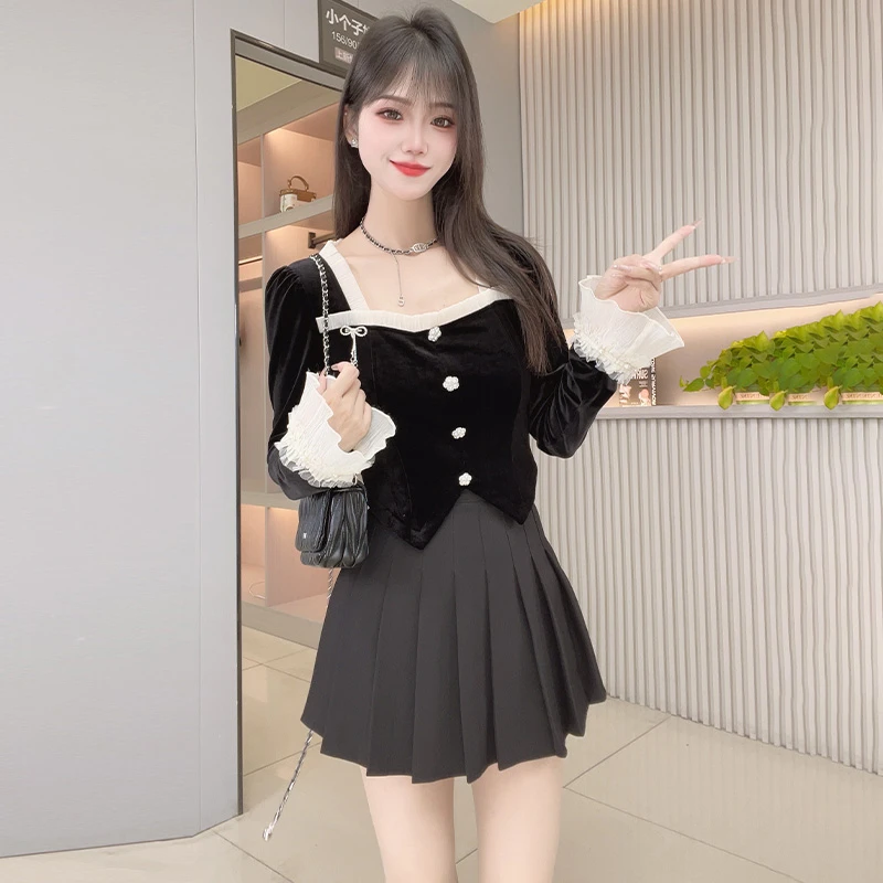 拼接打底衫长袖常规款设计感秋季赫本风显瘦泡泡袖