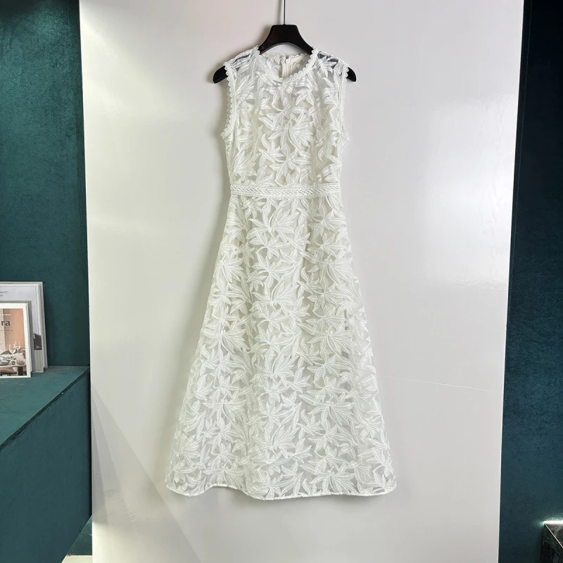 2025春夏白色蕾丝刺绣设计高定连衣裙E00256