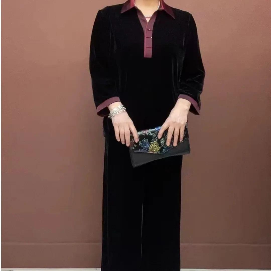 秋冬新款翻领休闲风中老年长袖丝绒女装套装时尚气质复古洋气