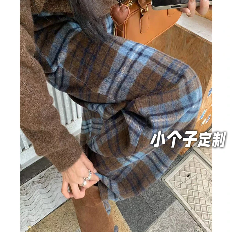 150小矮个子毛呢格子阔腿裤女秋冬加绒宽松直筒裤高腰复古休闲裤