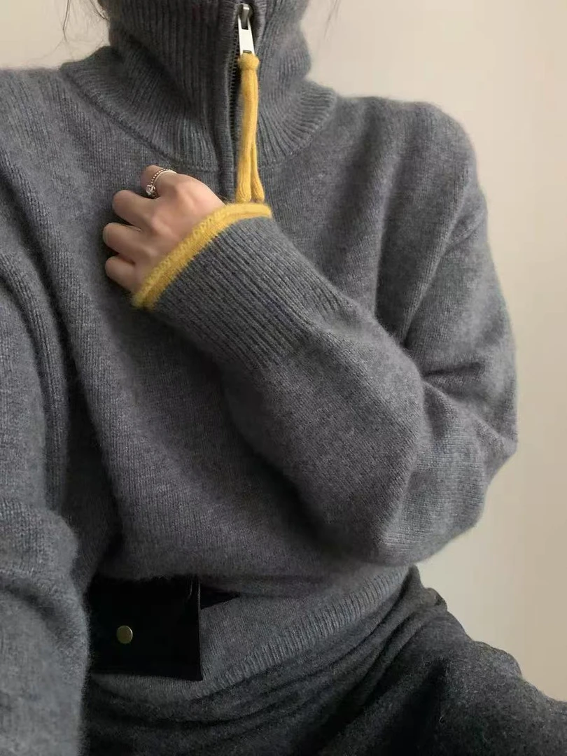 /翻领半拉链/撞色半拉链立领宽松套头针织衫 衣长58 胸围56 93768