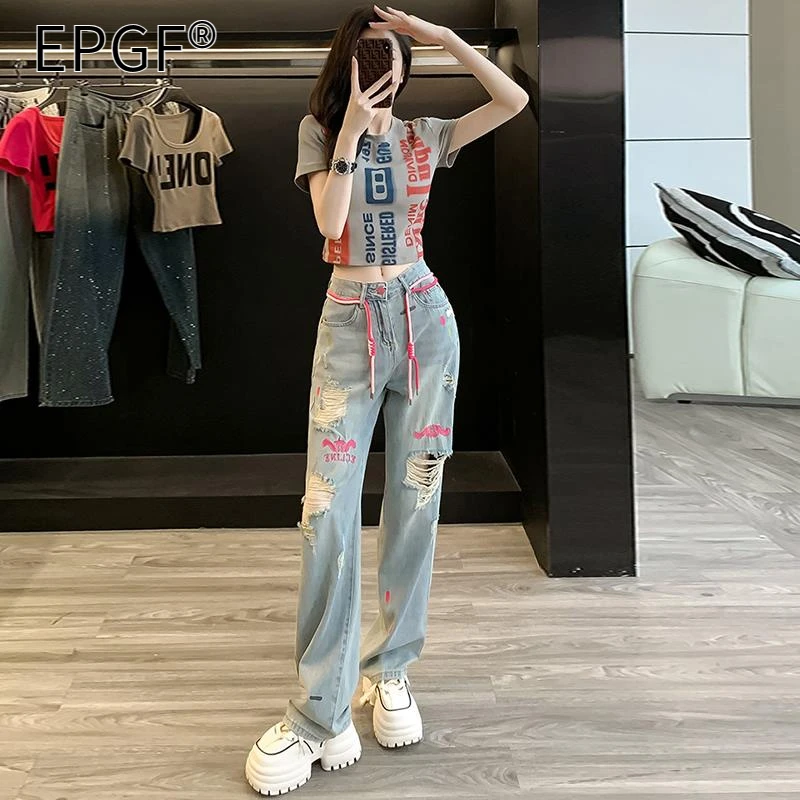 EPGF潮牌时尚休闲运动套装女夏季短款t恤高腰破洞牛仔裤两件套