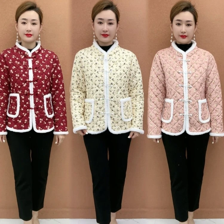 中老年女装加绒碎花立领保暖棉袄秋冬可外穿大码棉服