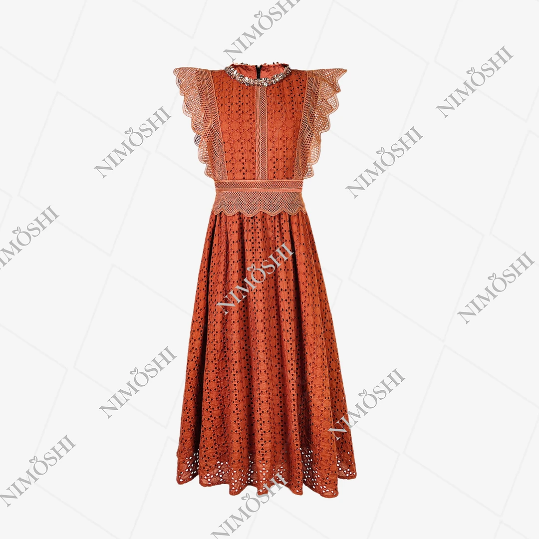 NIMOSHI【倩倩】欧式重工百褶裙飞飞袖钉珠亮色长裙连衣裙Q1431