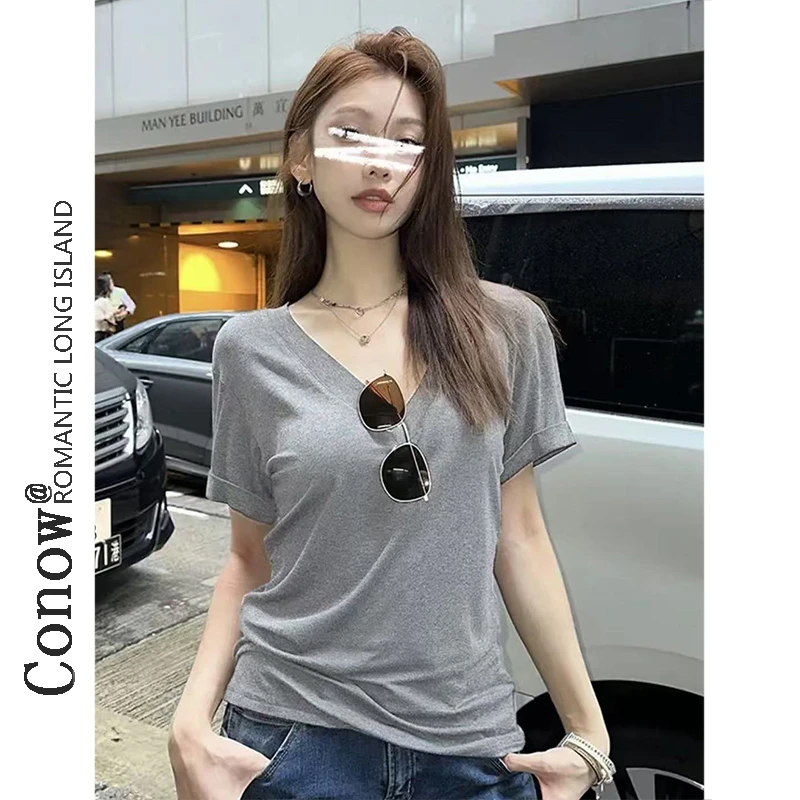 短袖女夏季半袖纯色上衣基础款大v领宽松显瘦百搭正肩T恤女