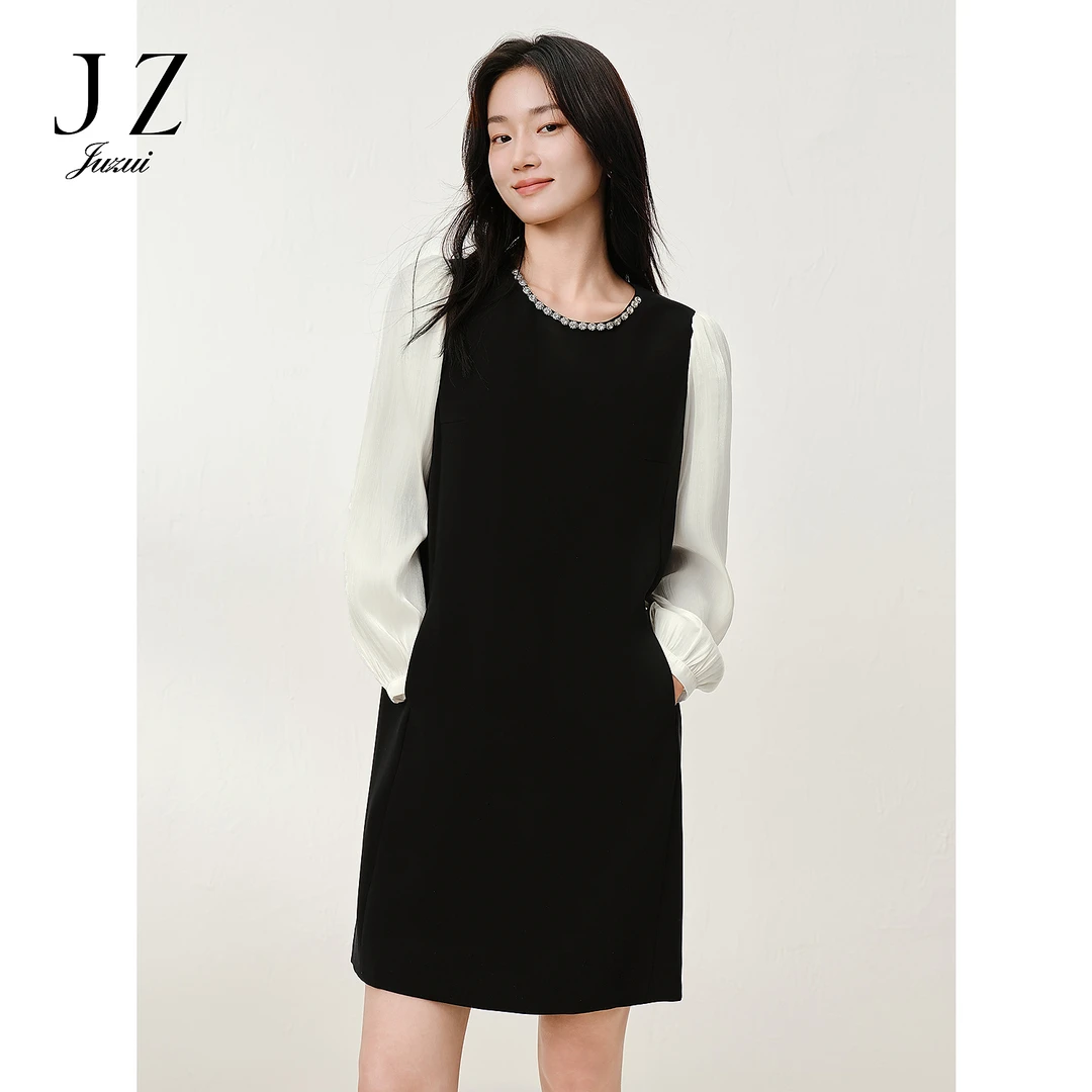 JUZUI玖姿JTFQ50004优雅千金风拼接连衣裙小黑裙女2025秋季新款