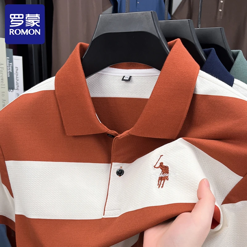 Romon/罗蒙夏季新款长绒棉短袖Polo衫男士翻领刺绣时尚男装T恤衫