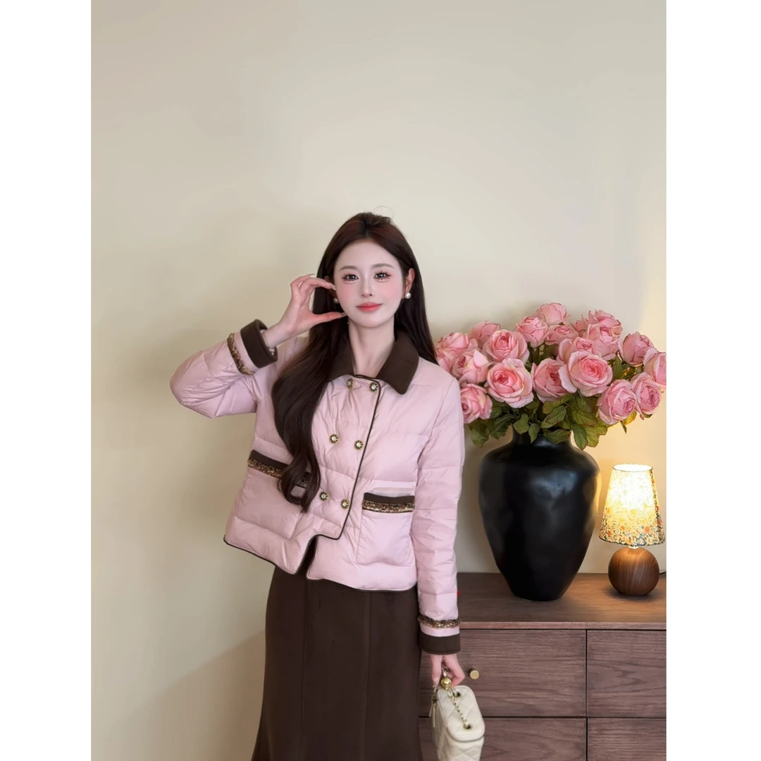 【首尔初见时】<77>小香风撞色翻领羽绒服+鱼尾裙套装XMZH11032