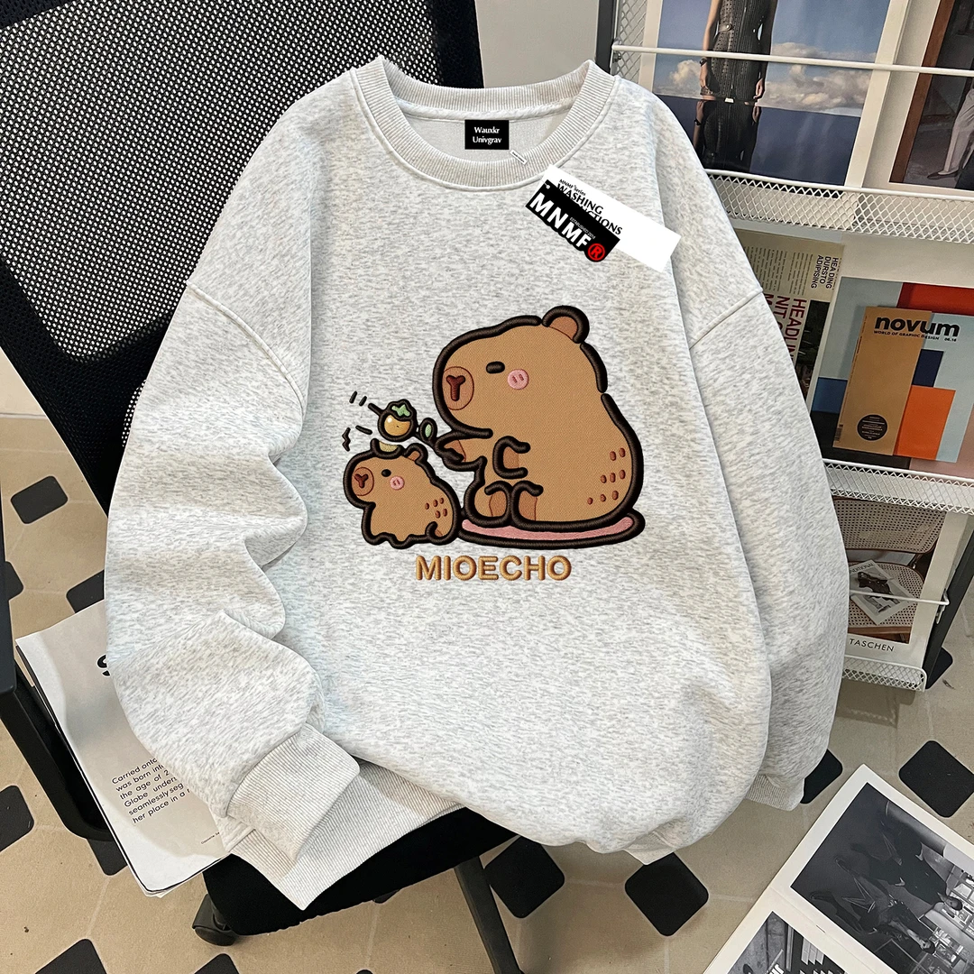 卡皮巴拉仿刺绣女童薄款圆领卫衣秋季2025新款中大童宽松休闲上衣