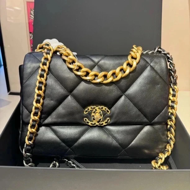 全新未使用 Chanel/香奈儿 黑金19bag中号 芯片款 菱格链条斜挎包