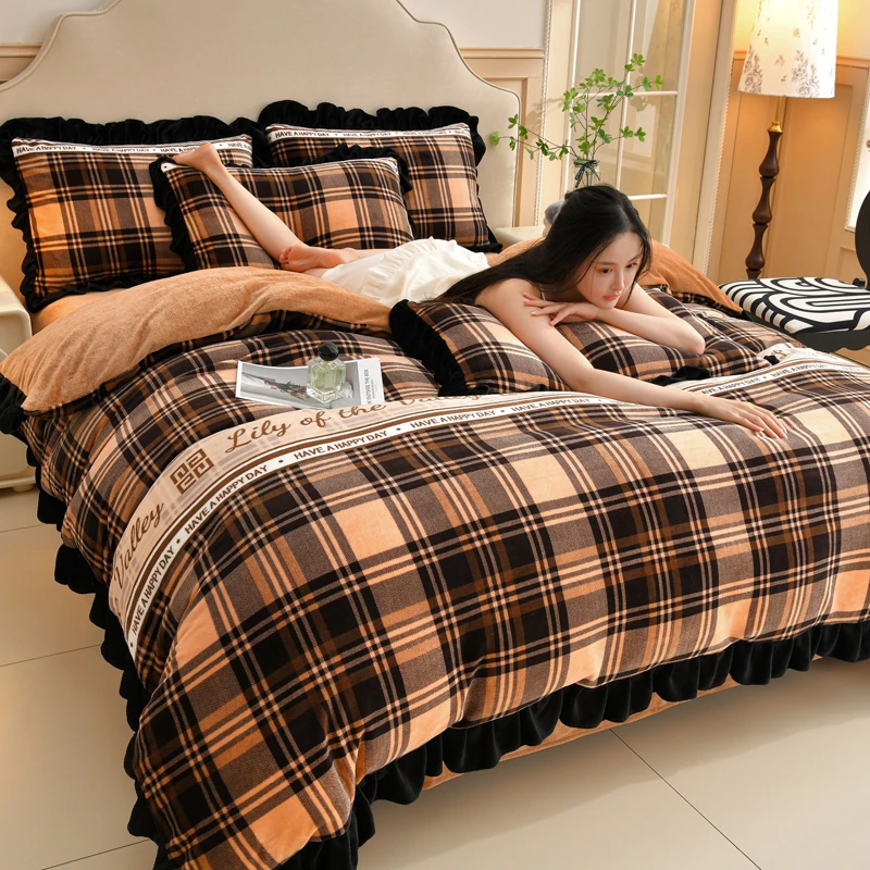 韩版花边牛奶绒四件套冬季加厚珊瑚绒2025新款法兰绒床上用品被套