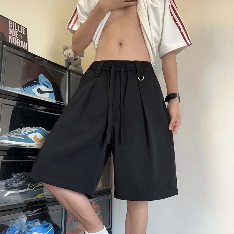 黑色冰丝高腰西装短裤男款夏季时尚痞帅高级感裤子抽绳直筒五分裤