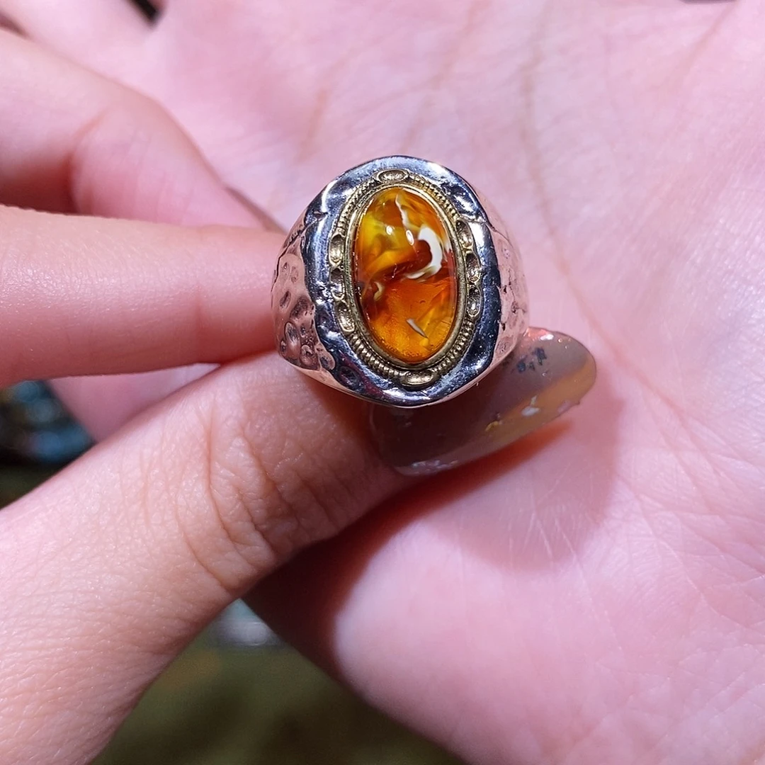 琥珀银S925镶嵌戒指戒指