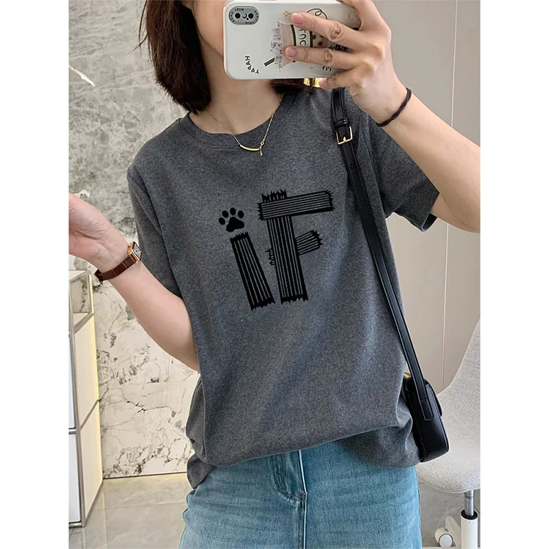正肩圆领短袖t恤女潮2025新款夏季时尚百搭洋气深灰色上衣打底衫