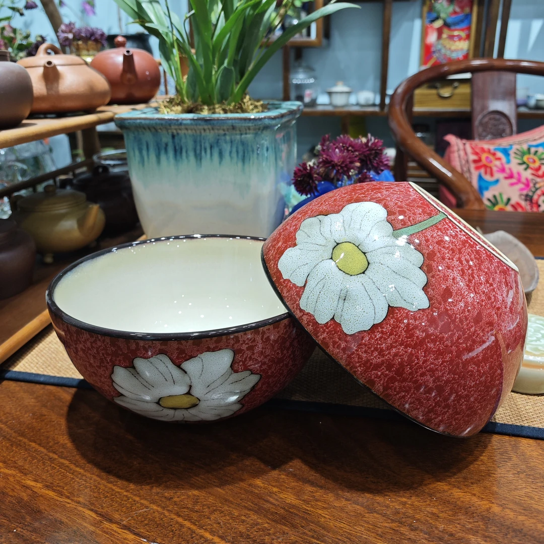 小可陶瓷韩式红6英寸面碗15.5厘米左右高温瓷釉下彩手绘