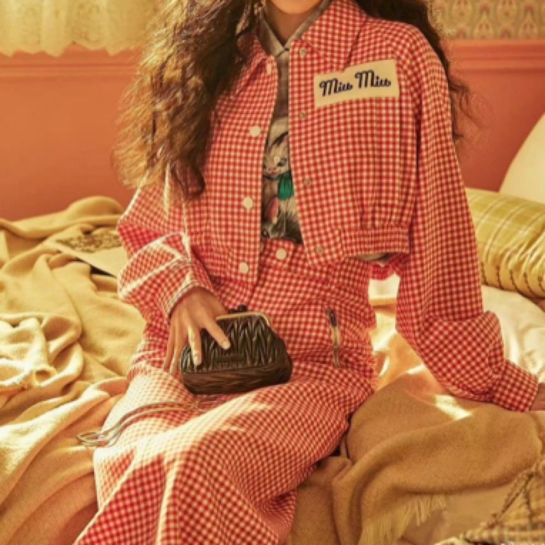 95新 MIU MIU/缪缪 红白细格纹半身裙/0570520012001