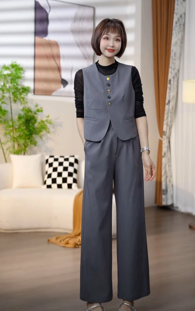 T168春季新款圆领长袖T马甲直版西裤职业三件套装AT