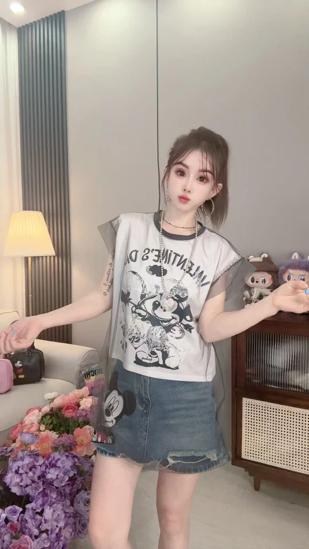 【王小小9763】无袖薄纱假两件中长款T恤时尚百搭上衣