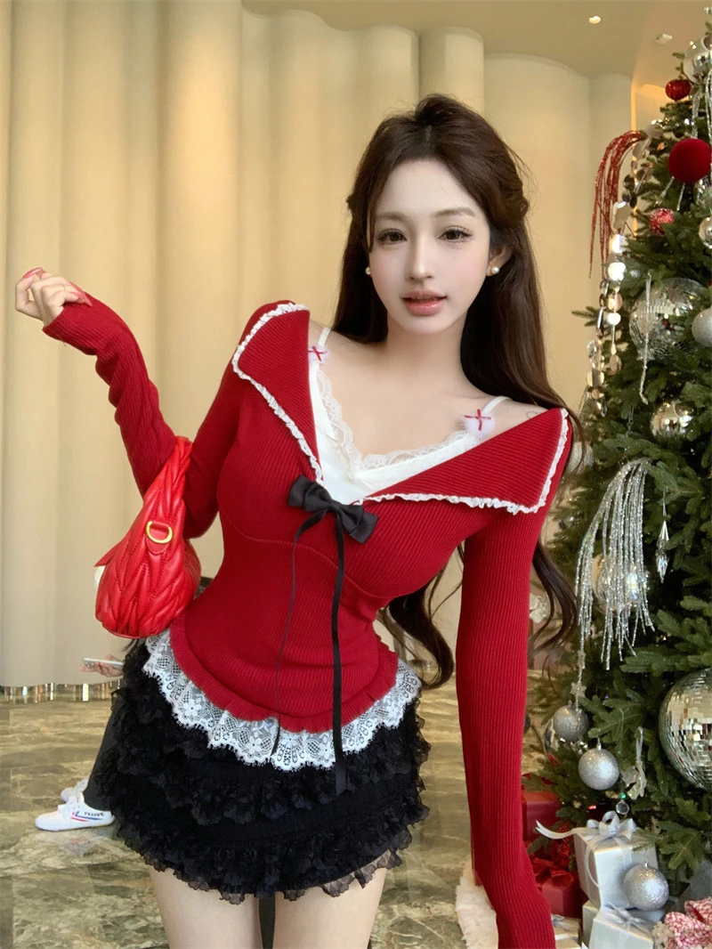 圣诞氛围感蕾丝拼接假两件上衣冬季甜辣风设计蝴蝶结收腰长袖上衣