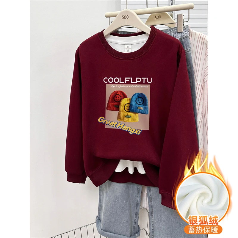 胖mm大码女装正肩圆领卫衣秋冬慵懒风时尚帽子印花加绒加厚上衣潮