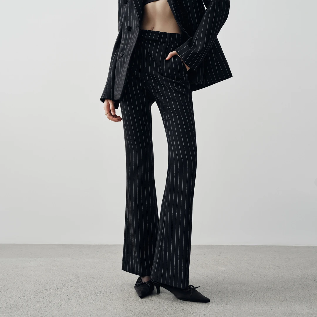 Z老板 摩登通勤 条纹西装裤女秋冬季高腰显瘦休闲羊毛喇叭裤长裤