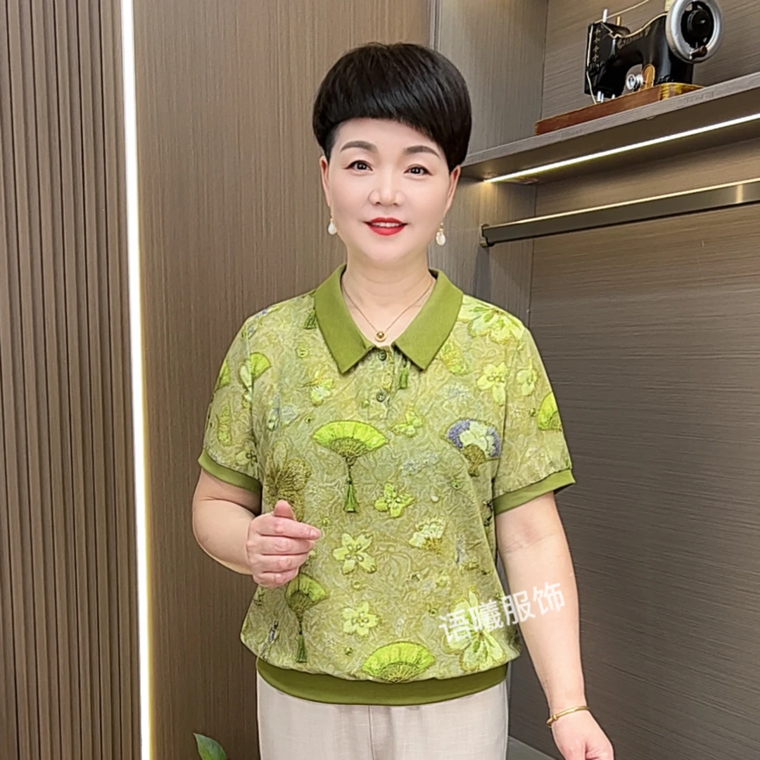 时尚娃娃领常规款翻领中老年女装夏季印花清凉感短袖F9011