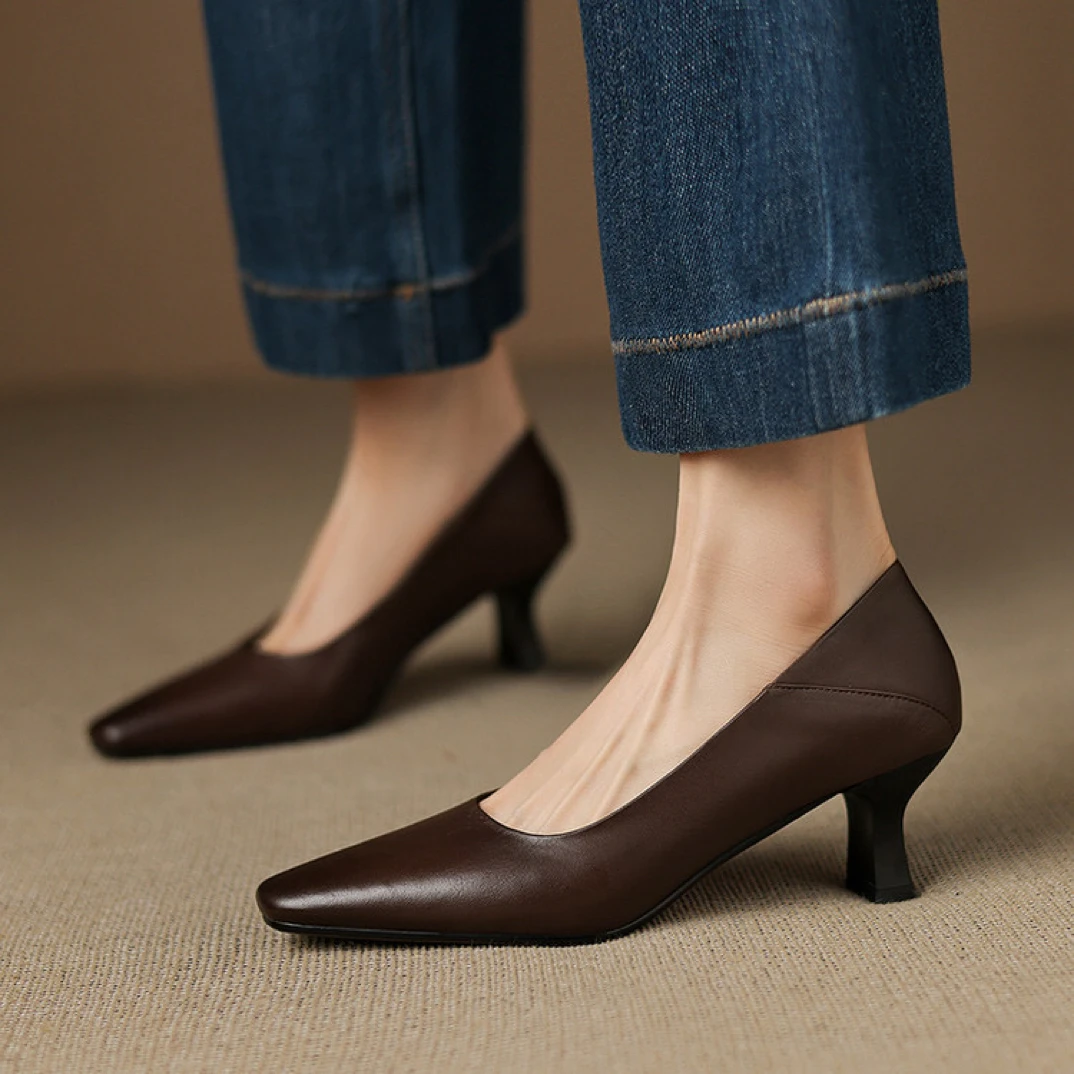 头层牛皮5.5cm～方头复古中跟舒适百搭一脚蹬时尚浅口单鞋简约粗跟