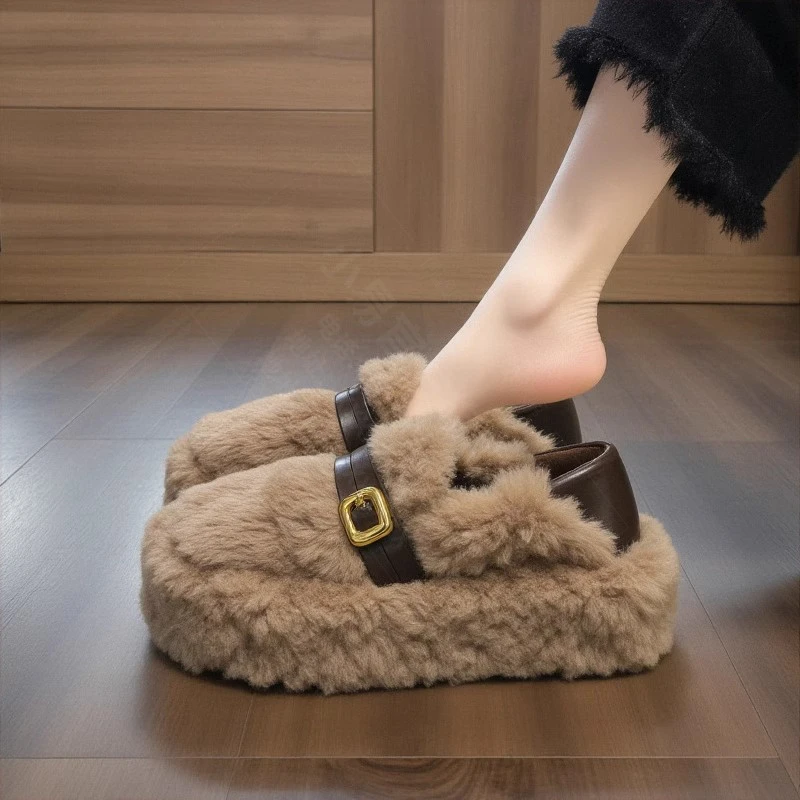 两穿毛毛鞋女2025年新款秋冬季厚底增高皮带扣加绒保暖一脚蹬棉鞋
