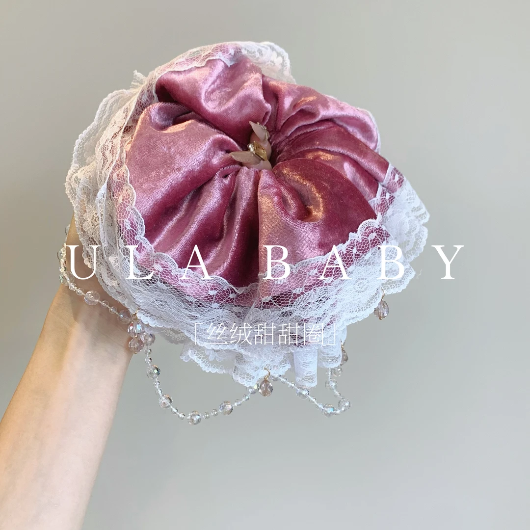【喜儿ula】10-26-10「丝绒甜甜圈」丝绒蕾丝复古串珠大肠褶皱发圈