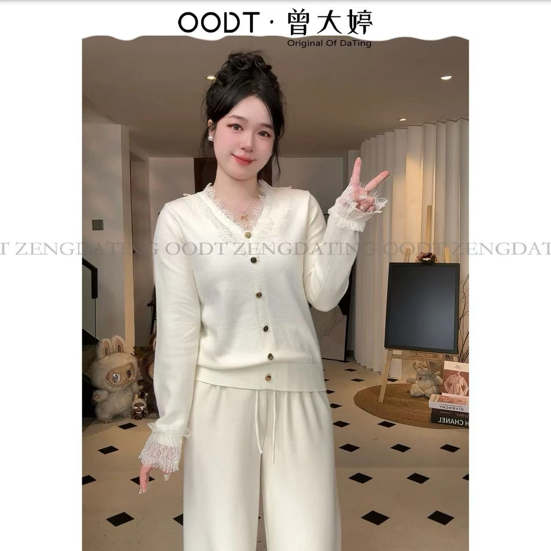 【大婷定制】2025秋季新款V领蕾丝拼接套头毛衣针织衫长袖上衣女