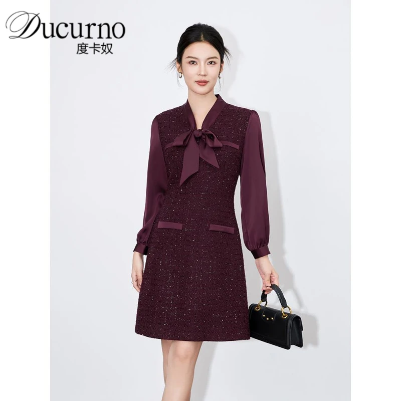 2025年秋季新款高级感小香风飘带粗花呢连衣裙长袖收腰显瘦a字裙