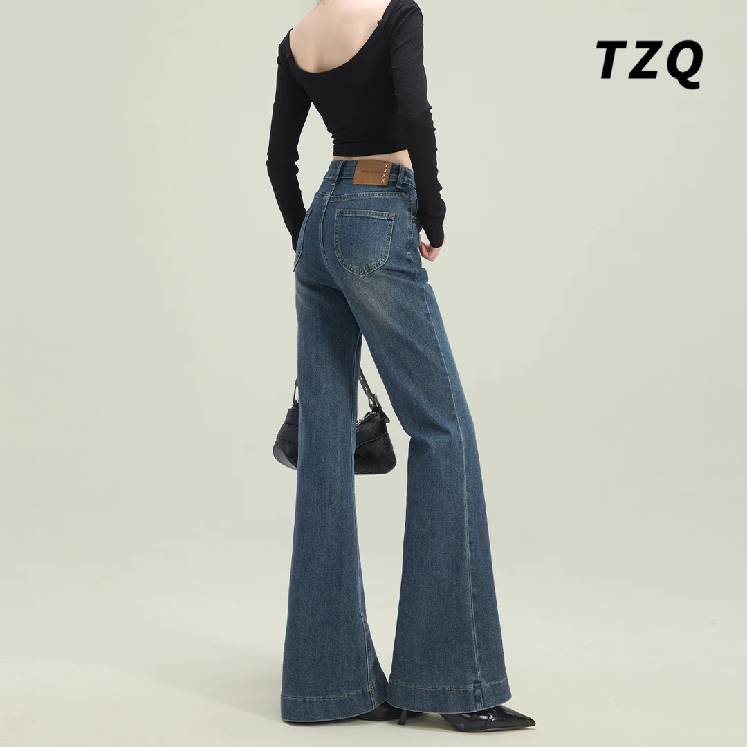 2025春秋新款微喇牛仔裤女复古高腰显瘦小个子拖地长裤TZQ120415