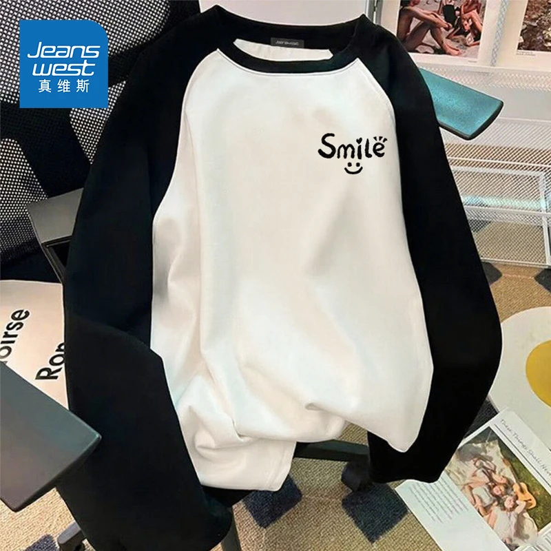 真维斯纯棉长袖t恤男女款2025秋季新款撞色插肩宽松短袖体恤衣服o